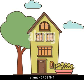 Vector Green House mit Mailbox-Symbol. Vektorhaus mit einem großen grünen Baum daneben und einem braunen Türsymbol. Stock Vektor