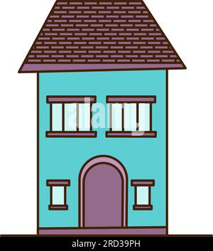 Zweistöckiges Vector Blue-Haus mit einem lila Türsymbol. Vektorhaus mit zwei kleinen und zwei großen Fenstern. Stock Vektor