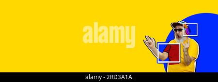 Collage für zeitgenössische Kunst. Rock 'n' Roll. Senior expressive man hört Musik über Kopfhörer. Dj. Banner Stockfoto