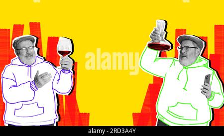 Collage für zeitgenössische Kunst. Ein älterer Mann, der hausgemachten Rotwein auf gelbem Hintergrund herstellt. Verkostung Stockfoto