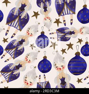 Aquarell nahtlose Paterne mit Puppen und Sternen. Geschenkpapier für Weihnachten. Kinderspielzeug. Ein Weihnachtsgeschenk. Rasterdarstellung für Verpackung, Greeti Stockfoto