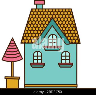 Blaues Vektorhaus mit gelbem Dach und drei Fenstern. Vektorhaus mit einer Brunnen-Ikone. Stock Vektor