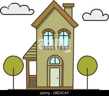 Vektorfamilie einzelnes grünes Haussymbol. Vector Ein sumpffarbenes Haus mit einem Kamin, zwei Bäumen und Wolken Ikone. Stock Vektor