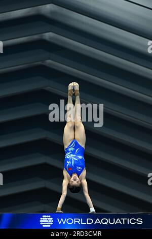 Fukuoka, Japan. 18. Juli 2023. Quan Hongchan aus China tritt am 18. Juli 2023 beim Halbfinale der 10m. Plattform der Frauen der World Aquatics Championships 2023 in Fukuoka, Japan, an. Kredit: Zhang Xiaoyu/Xinhua/Alamy Live News Stockfoto