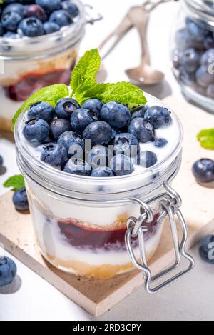 Mehrschichtiges Blaubeerparfait-Dessert, Käsekuchen im Glas mit Vanillekekuchen, cremiger Joghurt, Marmelade und frischer Blaubeere Stockfoto