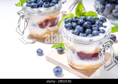 Mehrschichtiges Blaubeerparfait-Dessert, Käsekuchen im Glas mit Vanillekekuchen, cremiger Joghurt, Marmelade und frischer Blaubeere Stockfoto