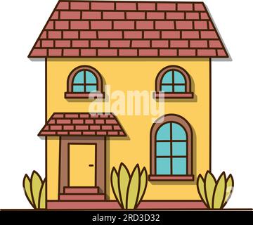 Vector kleines gelbes Haus mit drei Büschen Symbol. Vektorhaus mit rotem Dach und Ziegelsteinsymbol. Stock Vektor