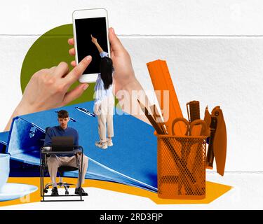 Collage für zeitgenössische Kunst. Junge Menschen, die aus der Ferne lernen und arbeiten, Gadgets und das Internet nutzen Stockfoto