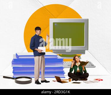 Collage für zeitgenössische Kunst. Junge Leute, Studenten, Mann und Frau, die lernen, sich auf die Prüfungen vorbereiten. Stockfoto