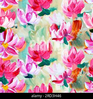 Nahtlose Muster von abstrakten rosa Blumen, von Hand gezeichnet, Impressionismus-Stil, Farbstruktur, Kunstmalerei, Kreativer handgemalter Kunsthintergrund Stockfoto