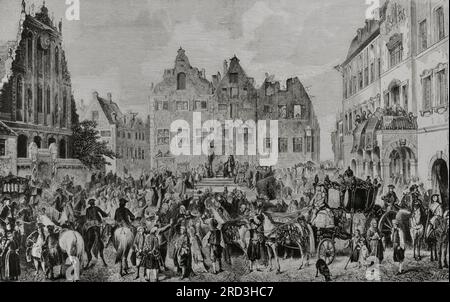 Die Geschichte Lettlands. Kapitulation von Livonien. Feldmarschall des russischen Reiches Boris Sheremetev (1652-1719) auf den Treueschwur in Riga im Juli 1710, nachdem die Stadt von seinen Truppen eingenommen wurde. Gravur von Sprjakova. Stockfoto