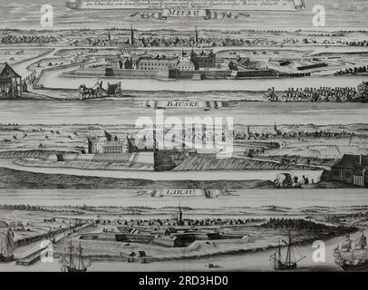 Die Geschichte Lettlands. Von oben nach unten: Befestigungsanlagen von Jelgava, Bauska und Liepaja während des Ersten Nordkriegs (1700-1721). Der Gouverneur von Courland, Baron Karl Magnus Stuart (1650-1705), verstärkte die Befestigungsanlagen der Städte Courland. Gravur, Anfang des 18. Jahrhunderts. Stockfoto