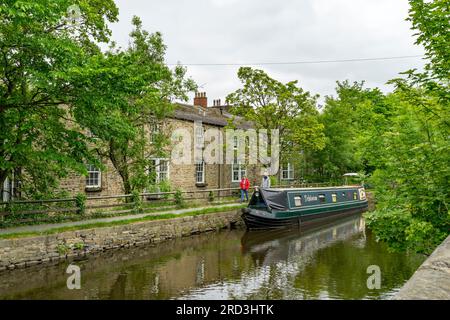 Schmalboot Delphinium am Springs Branch Canal, Skipton, North Yorkshire, England, Großbritannien Stockfoto