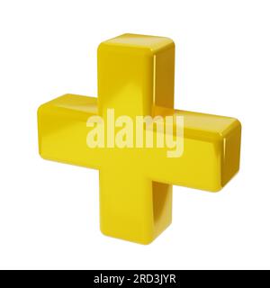 Realistisches 3D-Symbol mit gelbem Pluszeichen. Dekoratives arithmetisches Element, Bildung Mathematik, mathematisches oder medizinisches Symbol. Abstrakte Darstellung isola Stockfoto