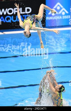 Fukuoka, Japan. 18. Juli 2023. Team Japan tritt während des technischen Finales des künstlerischen Schwimmens bei den World Aquatics Championships in Fukuoka, Japan, am 18. Juli 2023 auf. Kredit: Xu Chang/Xinhua/Alamy Live News Stockfoto