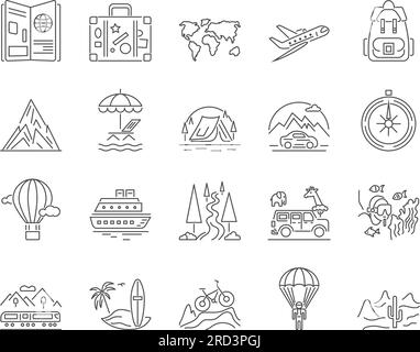 Reise- und Abenteuer-Icons Set. Schnorcheln, Radfahren, Kompass, Strand, Camping, Wandern, Surfen und mehr. Bearbeitbare Kontur. Vektorsammlung Für Einfache Symbole Stock Vektor