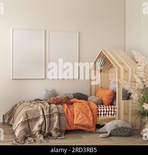 Panoramablick auf das Zimmer im skandinavischen Stil. Holzbett, großes Spielzeug auf leerem beigefarbenen Hintergrund. Trendiges minimalistisches Design. 3D-Rendering Stockfoto