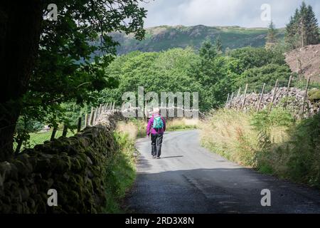 Eine Frau, die in Eskdale, in der Nähe von Boot, Cumbria, Großbritannien, entlang einer Landstraße spaziert Stockfoto
