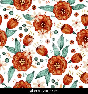 Aquarellrot Rosa und Gänseblümchenmuster mit nahtlosem Muster auf weißem Hintergrund Stockfoto