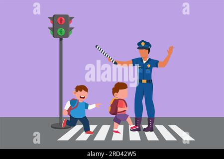 Eine Karikaturenfläche, die Grundschüler auf Zebrastreifen über die Straße zieht, wird von der Verkehrspolizei unterstützt, die Stoppschilder hält. Fußgänger oder crossin Stockfoto