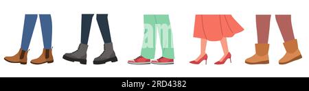 Fußsatz in verschiedenen modernen Schuhen. Verschiedene Arten von Herren- oder Damenschuhen. Spaziergänger in stylischer Fußausrüstung. Sommer und Winter Freizeit Stock Vektor