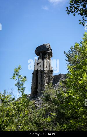 Kappensäulen, Les Demoiselles Coiffées, Le Sauze-du-Lac, Gap, Hautes-Alpes, Provence-Alpes-Cote d’Azur, Frankreich Stockfoto