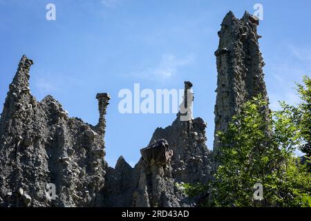 Kappensäulen, Les Demoiselles Coiffées, Le Sauze-du-Lac, Gap, Hautes-Alpes, Provence-Alpes-Cote d’Azur, Frankreich Stockfoto