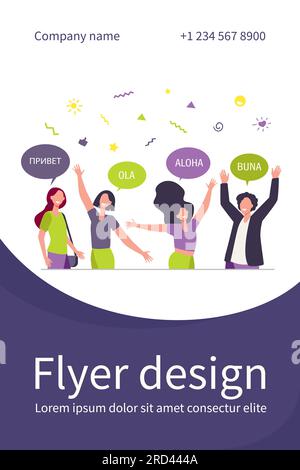 Glückliche junge Leute, die in verschiedenen Sprachen Hallo sagen Stock Vektor