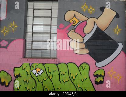 Stadt: Marilia, São Paulo, Brasilien - 2023. Juli 2023 : Graffiti auf einer Mauermauer mit Spraydose in verschiedenen Stilen und Farben. Brasilien Stockfoto