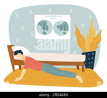 Mann tun Liegestütze im Schlafzimmer, Morgen Übung Stock Vektor