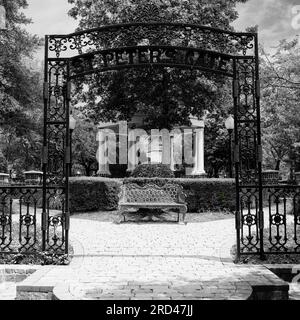 St. Peter's Gate Park mit einer Bank. Ein guter Ort zum Ausruhen und Genießen der Natur. In Schwarzweiß Stockfoto