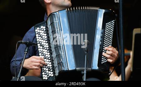 Akkordeon-Harmonie. Kurze Nahaufnahme eines Musikers, der Akkordeon spielt. Stockfoto