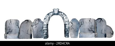 Aquarell Halloween. Handbemalter Friedhof mit Grabstein, Fledermäusen und Mond isoliert auf weißem Hintergrund. Weihnachtsdruck für Design oder Hintergrund Stockfoto