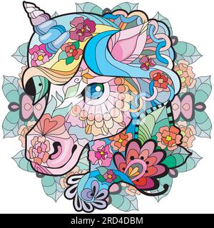 Kopf Einhorn auf Mandala im zentangle-Stil. Kann für den Druck auf T-Shirts, Tapeten oder Postern verwendet werden. Stock Vektor