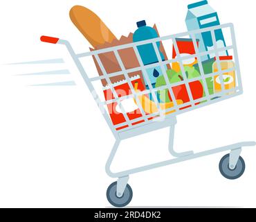 Schneller Supermarkt Einkaufswagen voller frischer Lebensmittel isoliert Stock Vektor