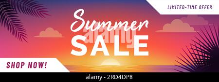 Werbebanner für Sommerangebote mit wunderschönem Blick auf den Strand und den Sonnenuntergang, Kopierbereich Stock Vektor