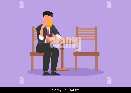 Flache Zeichentrickzeichnung eines jungen Geschäftsmannes, der sich am Tisch entspannt und heißen aromatisierten Kaffee im Restaurant trinkt. Frühstück am Morgen Stockfoto