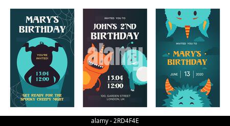 Kreative Geburtstagseinladungen mit niedlichen Monstern Stock Vektor