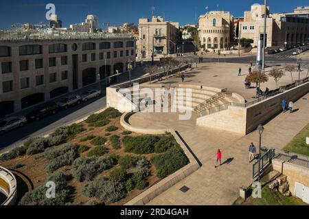 Panoramablick aus der Vogelperspektive auf den Allenby-Platz (oder IDF-Platz) in Jerusalem, Israel Stockfoto