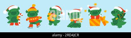 Süßer grüner Drachencharakter. Comic kleiner Dino mit Weihnachtsmannhut. Silvester-Maskottchen mit Geschenken. Chinesisches Horoskopsymbol. Geschenkbox und Weihnachtsbaum. Asiatisch Stock Vektor