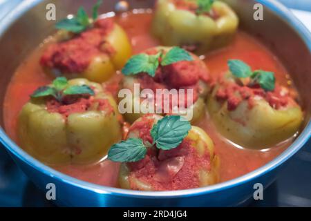 Gefüllte Paprika mit Fleisch und Gemüse in Tomatensoße, Nahaufnahme Stockfoto