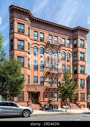 Bedford Stuyvesant: Backstein-und-Brownstone Ontario ist ein fünfstöckiges Zwillingsgebäude an der Herkimer Street 99 und 105. Stockfoto