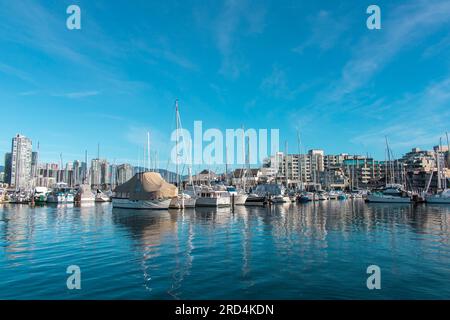 Marina in der Nähe von Charleson Park und Granville Island. Wunderschöner Tag. Viele Boote, blauer Himmel, schöne Reflektionen. Bild mit guter Atmosphäre. Stockfoto