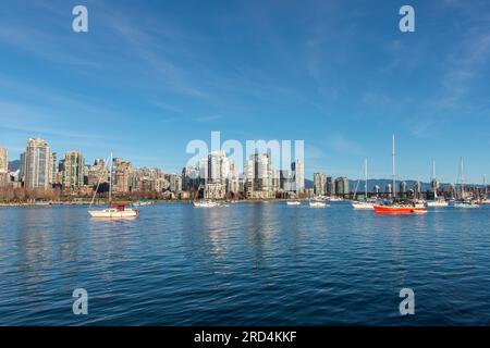 Vancouver, KANADA - 14. Januar 2023 : Stadtbild Downtown Vancouver vom Charleson Park. Die Gebäude im Stadtzentrum, False Creek, sind auf einem Bild zu sehen Stockfoto