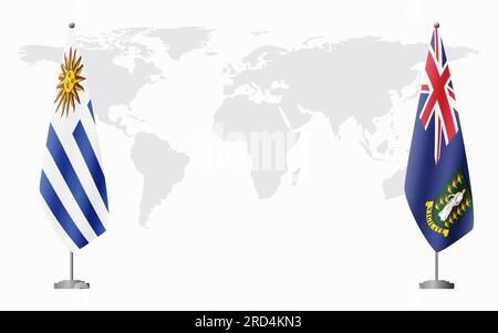 Flaggen von Uruguay und den Britischen Jungferninseln für offizielles Treffen vor dem Hintergrund der Weltkarte. Stock Vektor