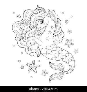 Seepferdchen-Einhorn mit langer Mähne und Seesternen. Schwarzweiß-Linearzeichnung. Für die Gestaltung von Malbüchern, Drucken, Postern, Karten, Aufklebern durch Kinder Stock Vektor
