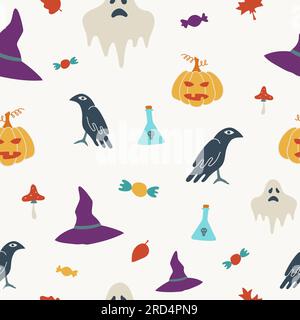 Zeitgenössische Vektorbilder zu Halloween mit nahtlosem Muster. Handgezeichnete, moderne, farbenfrohe Elemente mit Kürbissen, Fläschchen, Gespenstern und Raben Stock Vektor