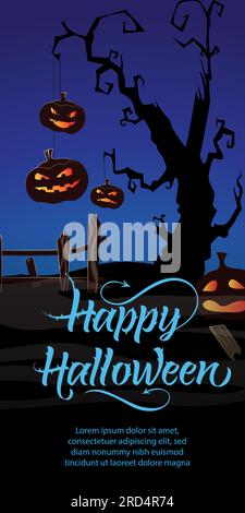 Text für „Trick or Treat Party This Friday“. Kürbisse, Spinnennetz, Baum Stock Vektor