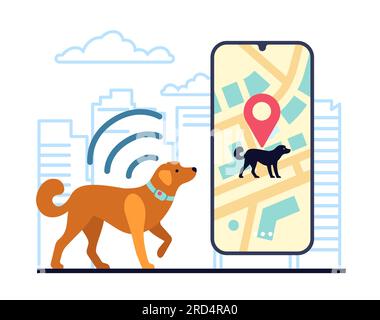 GPS-Halsband am Hund zur Ortung der Stadt. Smartphone-App. Stadtplan. Geolokalisierung von Haustieren. Überwachung der Welpenrichtung. Tierverfolgung. Mobiltechnologie Stock Vektor