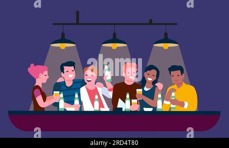 Eine Gruppe glücklicher Freunde, die sich zusammen entspannen. Menschen, die alkoholische Getränke an der Bar trinken. Männer und Frauen mit Bierflaschen oder Pint-Gläsern. Wochenende Stock Vektor
